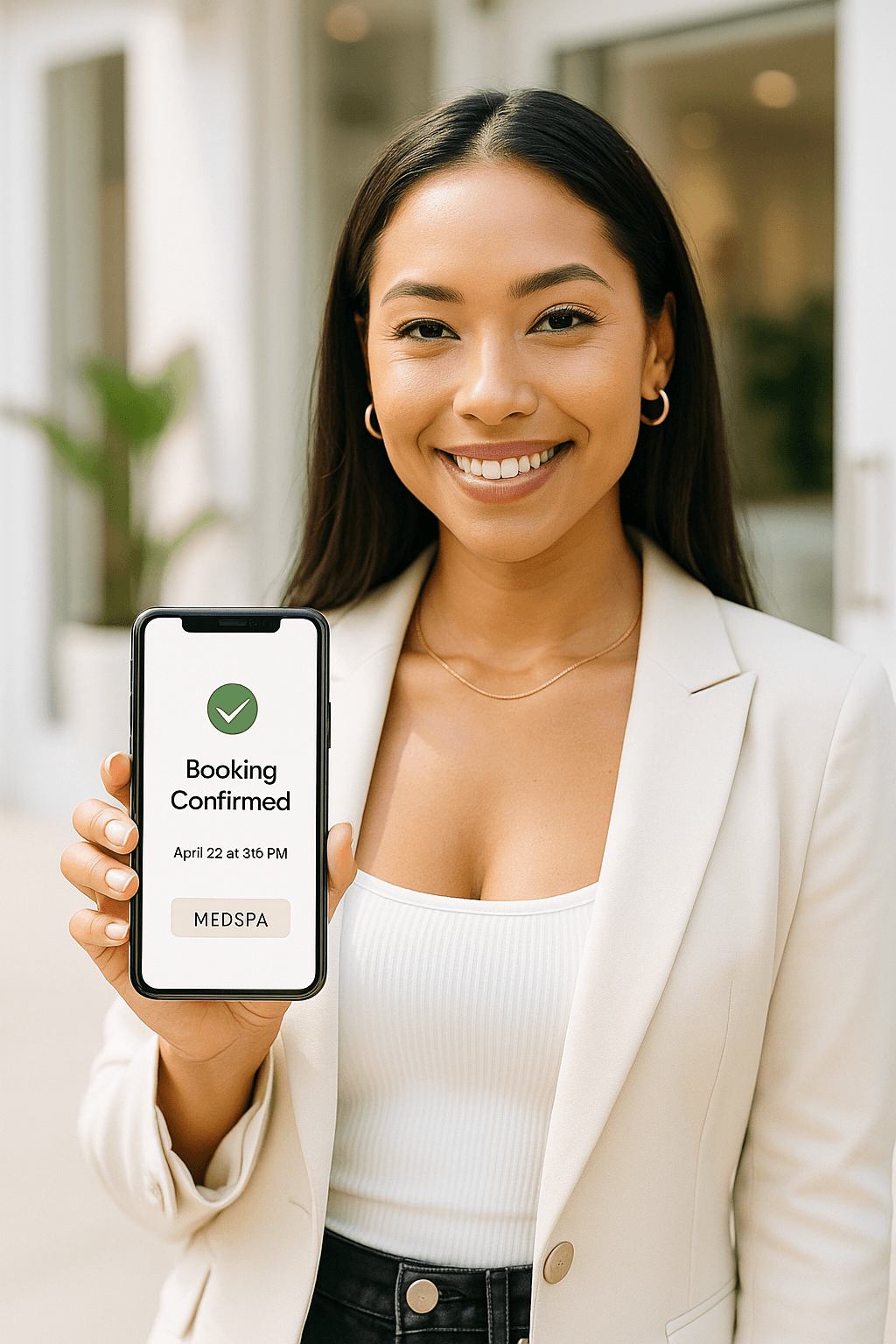 Happy medspa client holding phone showing 'Booking Confirmed' message on the screen