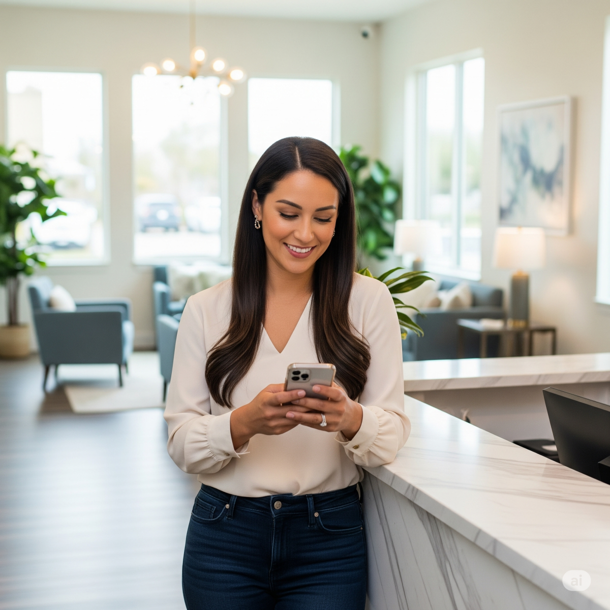 Happy medspa client smiling while using a smartphone in a modern clinic