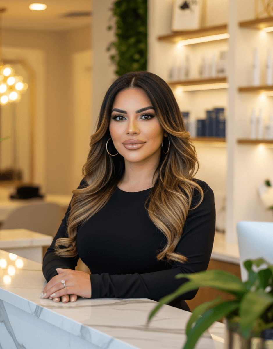 Professional medspa owner at a modern reception desk